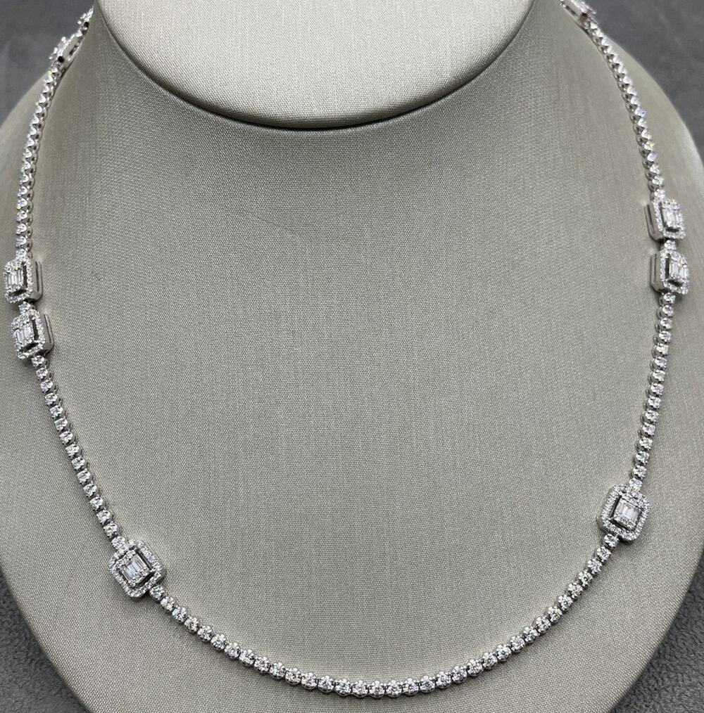 18K White Gold Square Accent Round & Baguette Diamond Tennis Necklace (21051)